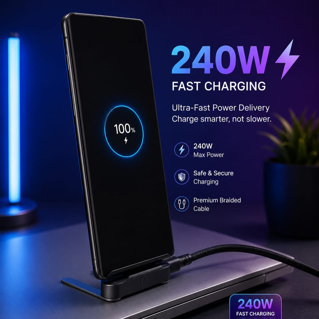 240W 2-in-1 C to C Charging Cable with Phone Stand 1.5 Meter